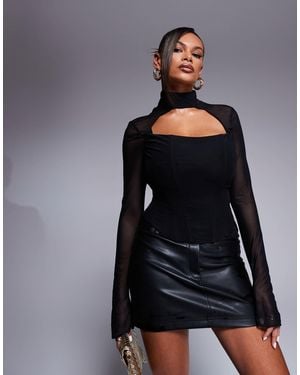 Taideux Fuller Bust Louisa Mesh Boned High Neck Corset Top With Lace Up Back Detail - Black