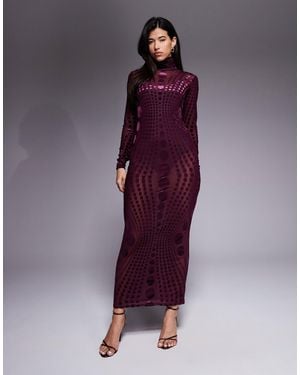 AFRM – langärmliges, hochgeschlossenes maxikleid aus stretch-netzstoff mit gepunktetem ausbrennermuster - Lila
