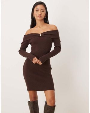 Abercrombie & Fitch Knitted Off Shoulder Mini Dress With Hardware Detail - Brown
