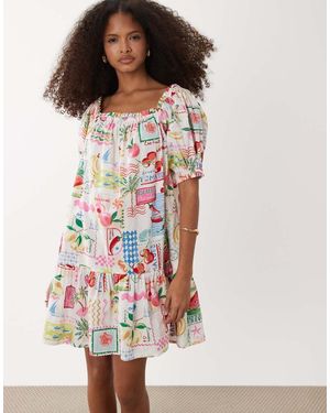 Accessorize Vestito Da Mare Corto Con Stampa Di Cartoline Multicolore - Bianco