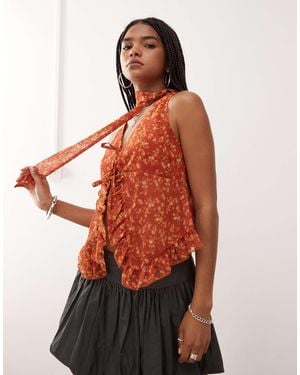 Reclaimed (vintage) Chiffon Floral Print Ruffle Tie Front Blouse With Matching Scarf - Orange