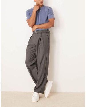 ASOS Smart Wide Leg Belted Trousers With Front Pleat - Grey