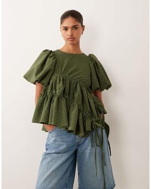 Ghospell Ruched Asymmetric Hem Floaty Top Co-Ord - Green