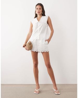 Nobody's Child Bonnie Cotton Rich Elasticated Waist Broderie Hem Mini Short Co-ord - White