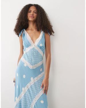 For Love & Lemons Stormie Dot Lace Midi Dress With Bow Shoulders - Blue
