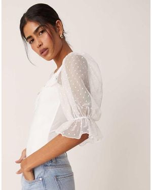 ASOS Sweetheart Neck Puff Sleeve Dobby Mesh Bodysuit - White