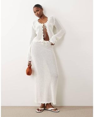 The Frolic Exclusive Cotton Rich Open Crochet Scallop Edge Tie Front Maxi Beach Skirt - Grey