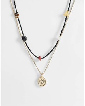 ASOS 2 Pack Seedbead And Semi-precious Stone Necklace With Sun Coin Pendant - Metallic