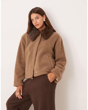 ASOS Borg Fleece Jacket With Leopard Faux Fur Collar - Brown