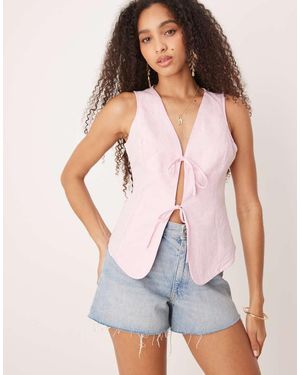 Gina Tricot Top Estilo Chaleco Con Lazada Delantera De Mezcla De Lino De - Blanco