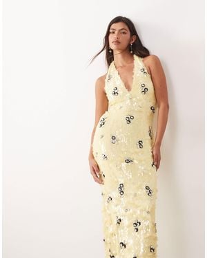 ARRANGE Crystal Embellished Plunge Halter Neck Column Maxi Dress - Natural