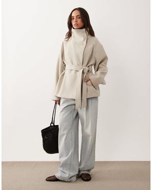 Gina Tricot Short High Funnel Neck Jacket With Wool - Natural