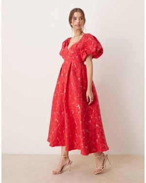 Sister Jane Dream Puff Sleeve Jacquard Midaxi Dress - Red