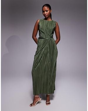 ASOS Vestido Largo Plisado Sin Mangas Con Lazada Delantera Envolvente De -Verde