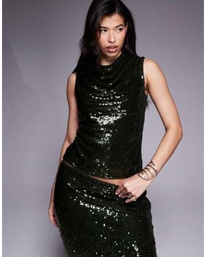 ASOS Sheer Sequin Cowl Neck Set Top - Black