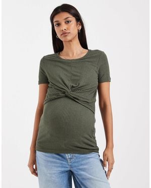 Mama.licious Mamalicious Maternity Ribbed Jersey Twist Front T-shirt Dark Khaki - Green