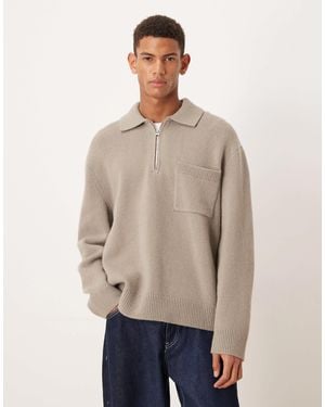 ARKET Pure Wool Half Zip Oversized Polo Jumper - Natural
