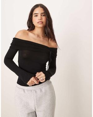 Gina Tricot Top De Manga Larga Con Escote Bardot, Detalle Fruncido Y Mangas Acampanadas De - Negro