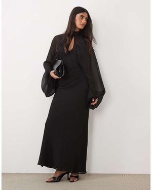ASOS Vestito Maxi Nero Con Apertura A Goccia, Maniche A Blouson E Canottiera Sottostante Con Taglio Sbieco