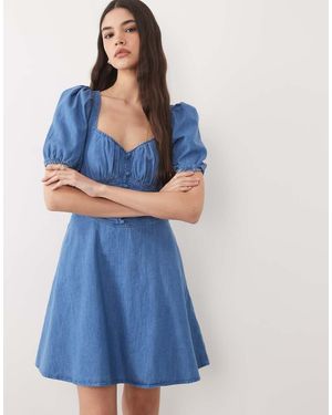 Nobody's Child Tulla Cotton Denim Sweetheart Neckline Puff Sleeve Mini Dress - Blue
