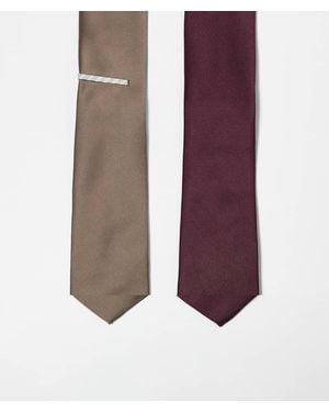 ASOS 2 Pack Satin Ties With Tie Bar - Brown