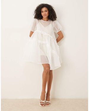 Ghospell Organza Drawstring Mini Dress - Natural