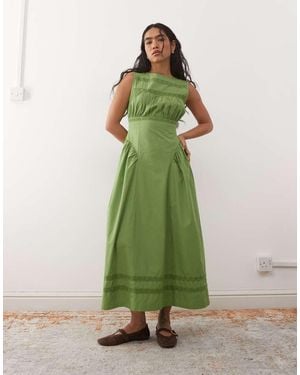 Reclaimed Vintage Midi Sun Dress With Drop Waist And Lace Trims - Green