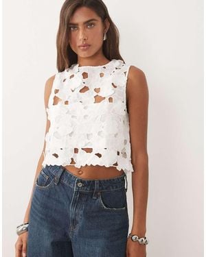 Mango Round Neck Sleeveless Crop Top With Cut-out Embroidered Detailing - Blue