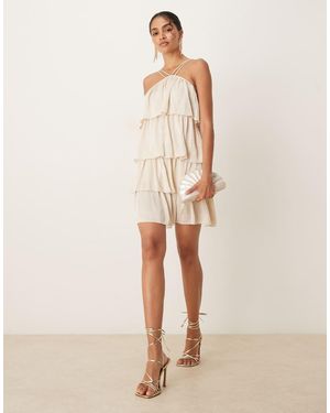 Vila High Neck Satin Ruffle Mini Dress - Natural