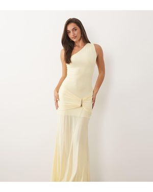 Fashionkilla Exclusive Double Sculpted Slinky One Shoulder Metal Drape Detail Maxi Dress - Natural
