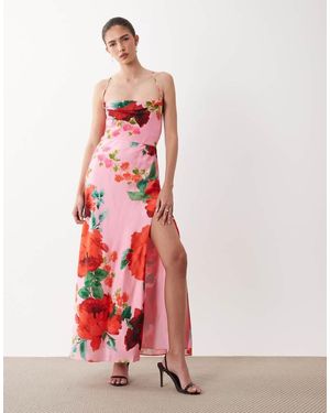 Hope & Ivy Vestido Largo Rosa De Tirantes Con Estampado Floral De Satén De - Blanco