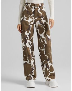 Bershka Cow Print Cargo Pants - Brown