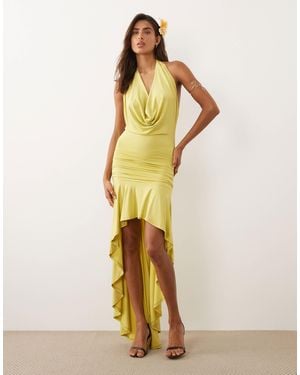 Murci Slinky Cowl Halterneck Plunge Detail Ruffle High-low Maxi Dress - Metallic