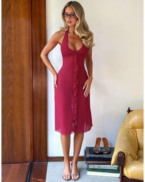 Tiger Mist X Em Venz Ash Ruffle Front Halterneck Chiffon Midi Dress - Red