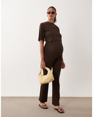 Mama.licious Mamalicious Maternity Cotton Mix High Waisted Jersey Flare Pants Co-ord - Natural