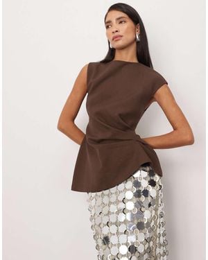 ARRANGE Cinch Waist Tailored Top With Button Detail - Brown