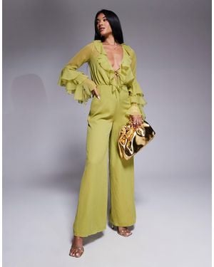 ASOS Long Sleeve Ruffle Jumpsuit With Tie Detail - Metallic
