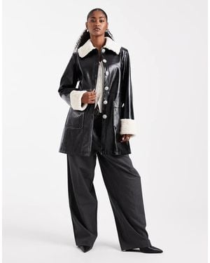 Miss Selfridge Abrigo Con Solapas En Contraste De Cuero Sintético De - Negro