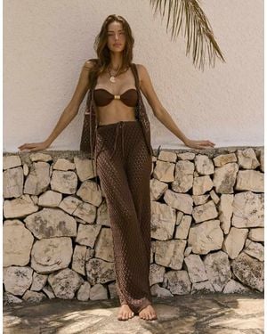 4th & Reckless Pantaloni Da Mare A Fondo Ampio Misto Cotone Color Cioccolato All'Uncinetto Allacciati - Marrone