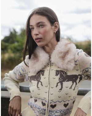 Daisy Street Zip Down Equestrian Knit Cardigan With Faux Fur Collar - Grey