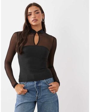 ASOS Bandage & Mesh Mix Long Sleeve Top With Mandarin Inspired Collar & Trim - Black