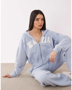 Kaiia Cotton Rich Embroidered Logo Oversized Zip Up Hoodie - Blue