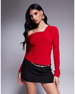Fashionkilla Double Sculpted Slinky One Shoulder Fold Over Top - Red