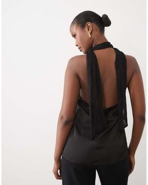 Vila Lace Scarf Neck Satin Top - Black