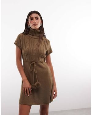 Daisy Street High Neck Knit Mini Dress With Tie Pom Poms - Brown