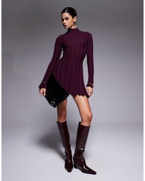 Aria Cove Vestido Corto Burdeos Con Cuello Alto Y Volantes De Punto De Canalé Ancho De -Rojo - Morado