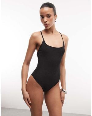Monki Crinkle Scoop Neck High Leg Swimsuit - Black