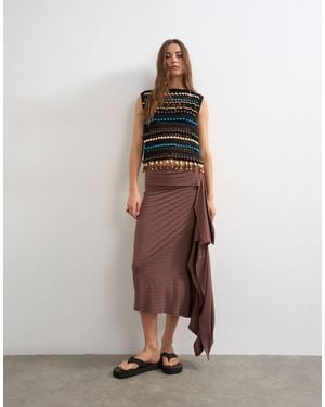 TOPSHOP Stripe Draped Midi Skirt - Brown