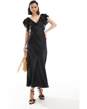 New Look Ruffle Sleeve Satin Midi Dress - Black
