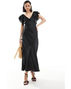 New Look Ruffle Sleeve Satin Midi Dress - Black